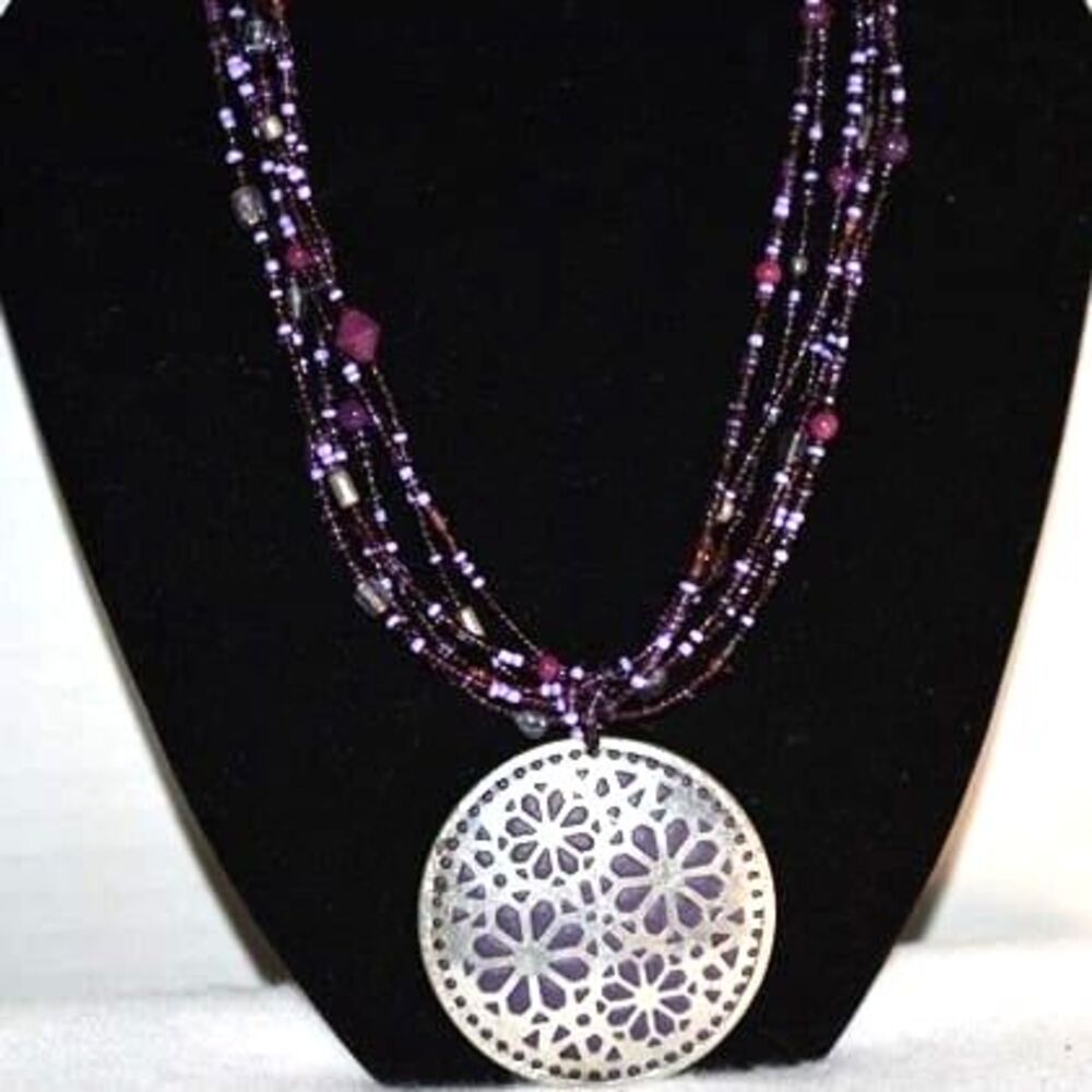 Boho Shades Of Purple Beaded Wire Silver Tone Medallian 18" Grunge Necklace